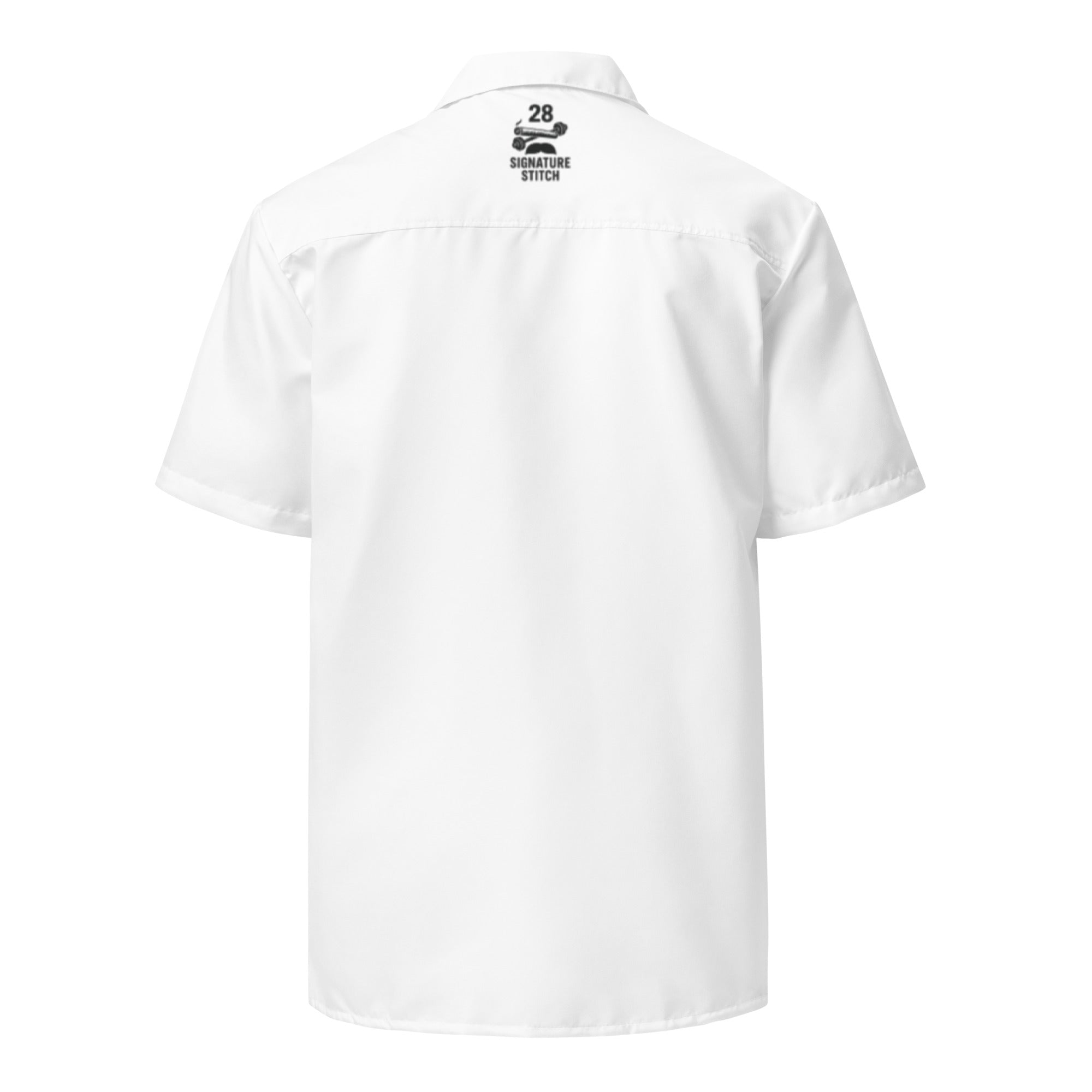 White polo shirt with a logo on the chest area against a white background