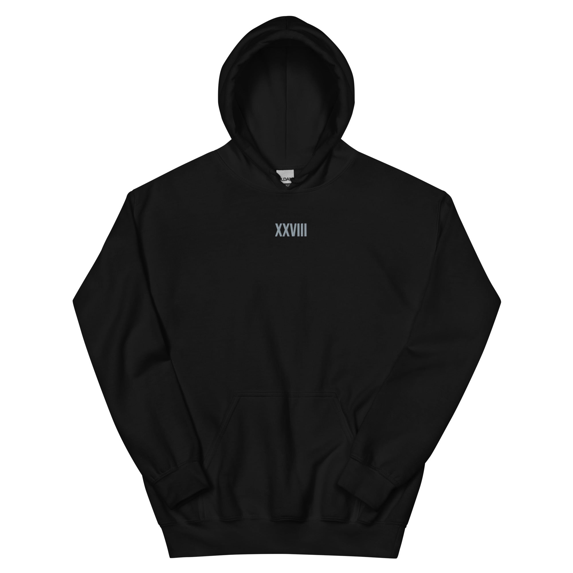 Black hoodie with 'XXVIII' logo on a white background
