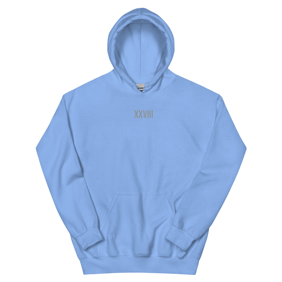 Light blue hoodie with 'XXVIII' logo on a white background