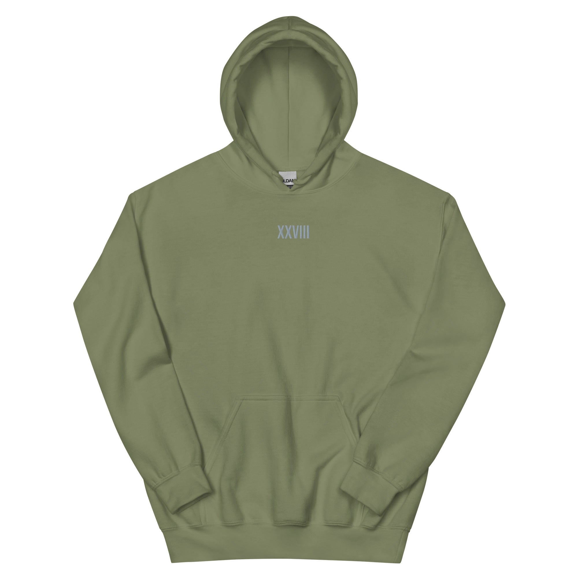 Green hoodie with 'XXVIII' logo on a white background
