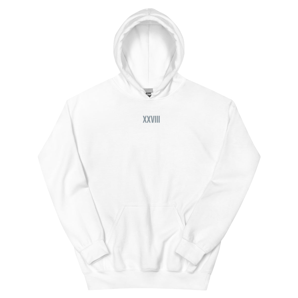 White hoodie with 'XXVIII' text on a white background