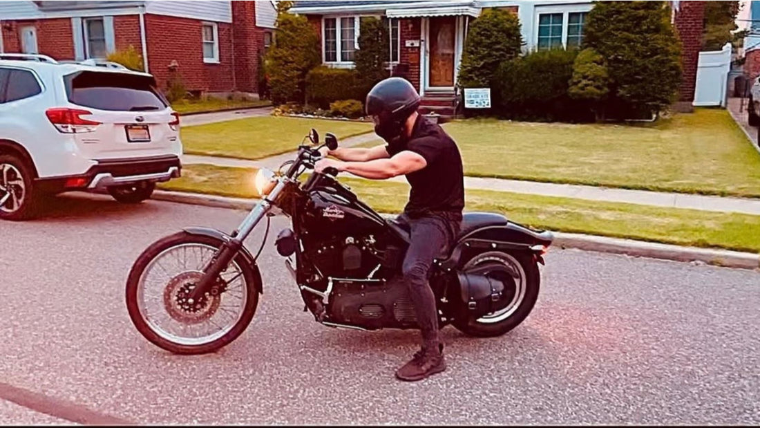 Chris McGrath riding a vintage 1999 Harley-Davidson Night Train motorcycle, showcasing nostalgic Long Island style and the Daddy Mustache lifestyle brand aesthetic.