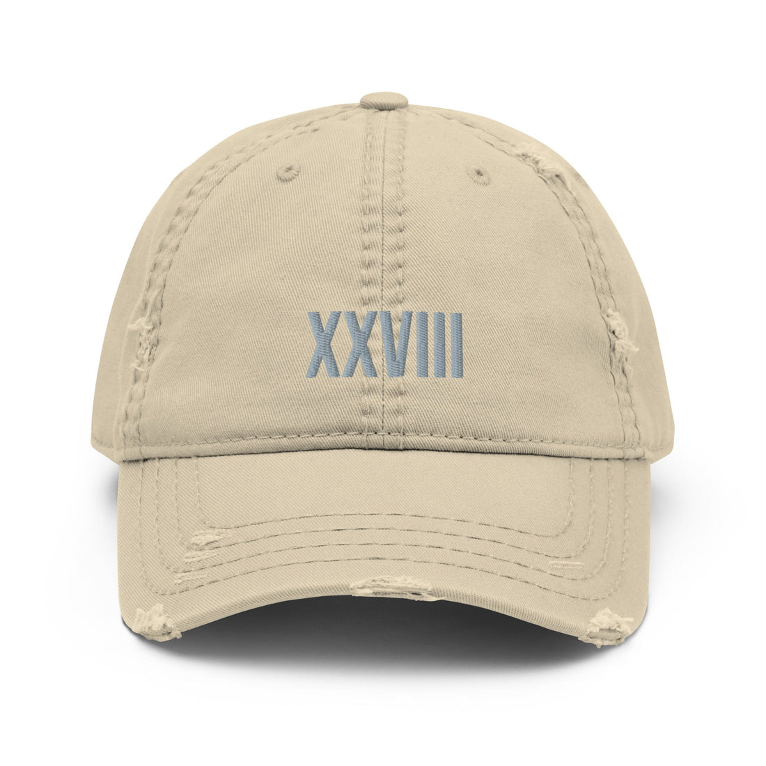 Distressed dad hat embroidered tan roman numeral 28