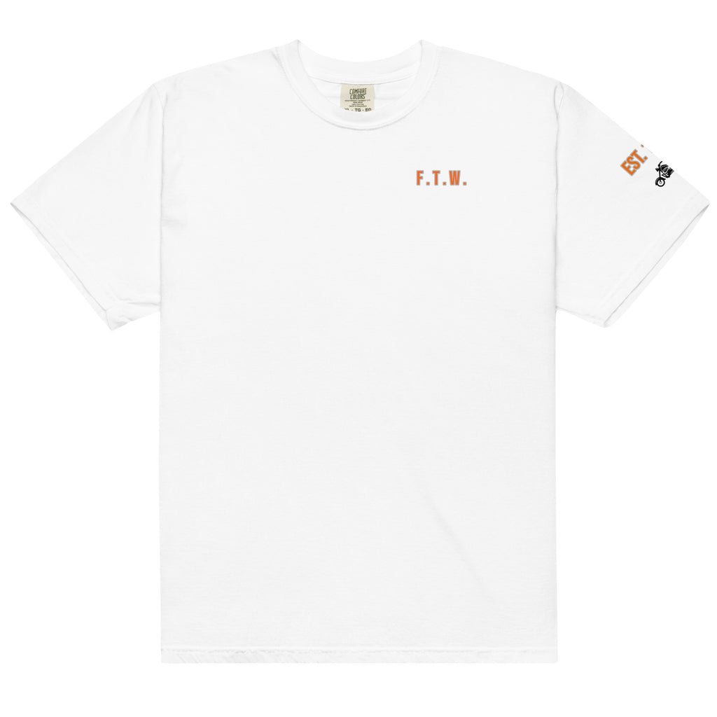 White t-shirt with small logos on a white background