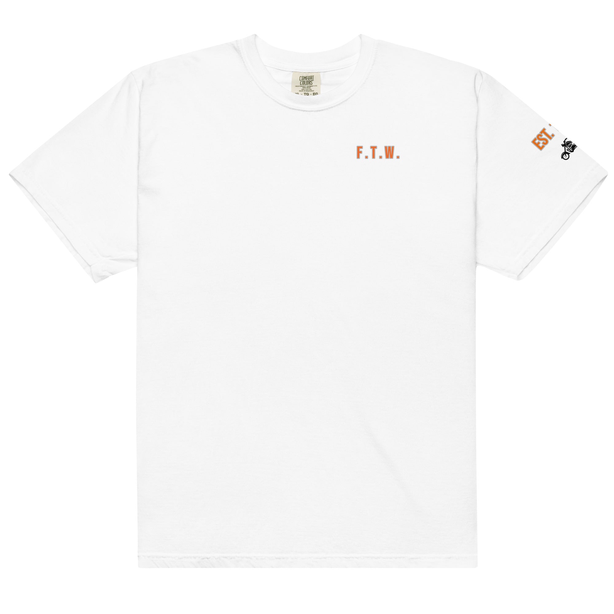 White t-shirt with small logos on a white background