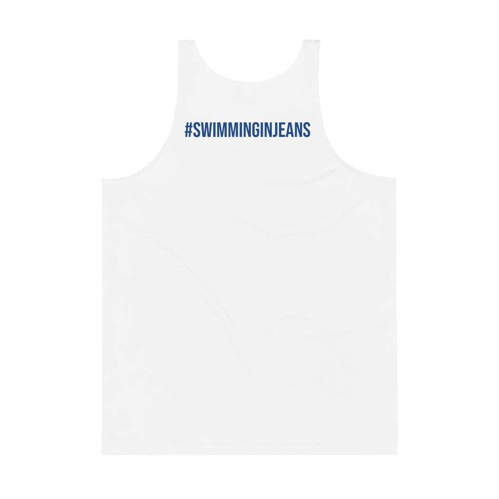 White tank top with '#SWIMMINGINJEANS' text on a white background