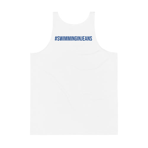 White tank top with '#SWIMMINGINJEANS' text on a white background