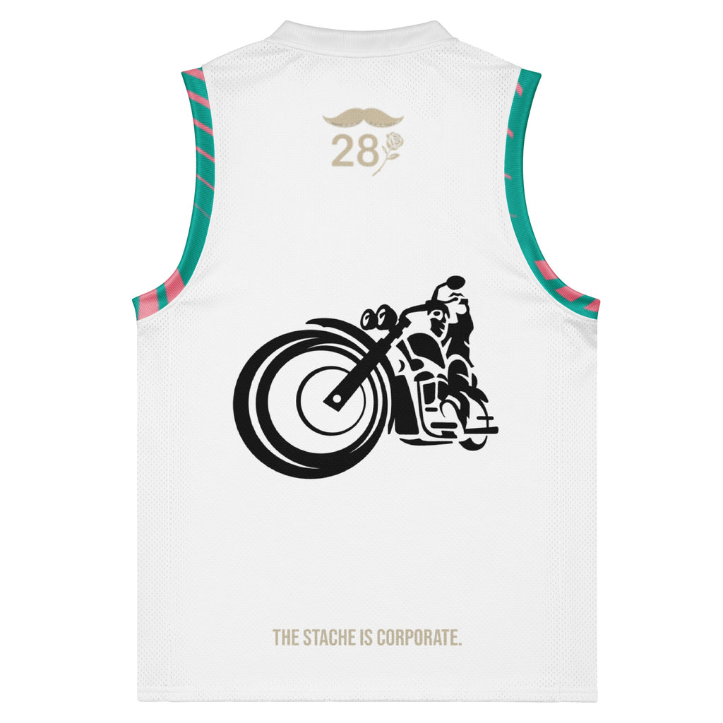 White sleeveless shirt with a graphic of a person on a motorcycle and text on the back, on a white background.