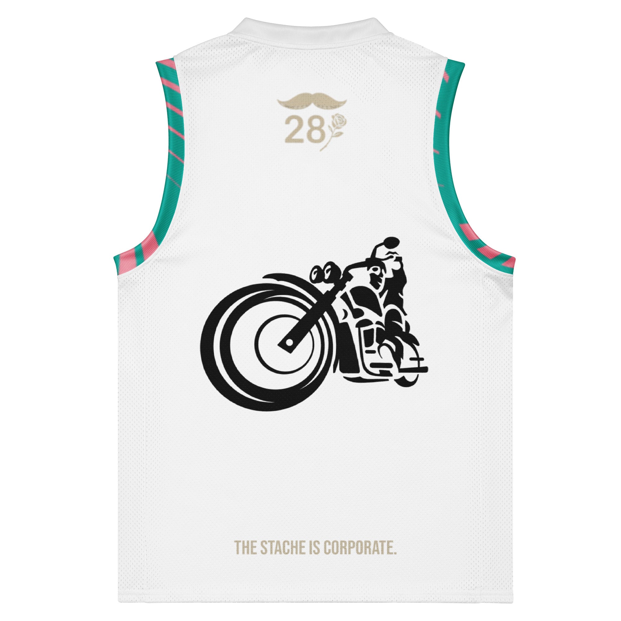 White sleeveless shirt with a graphic of a person on a motorcycle and text on the back, on a white background.