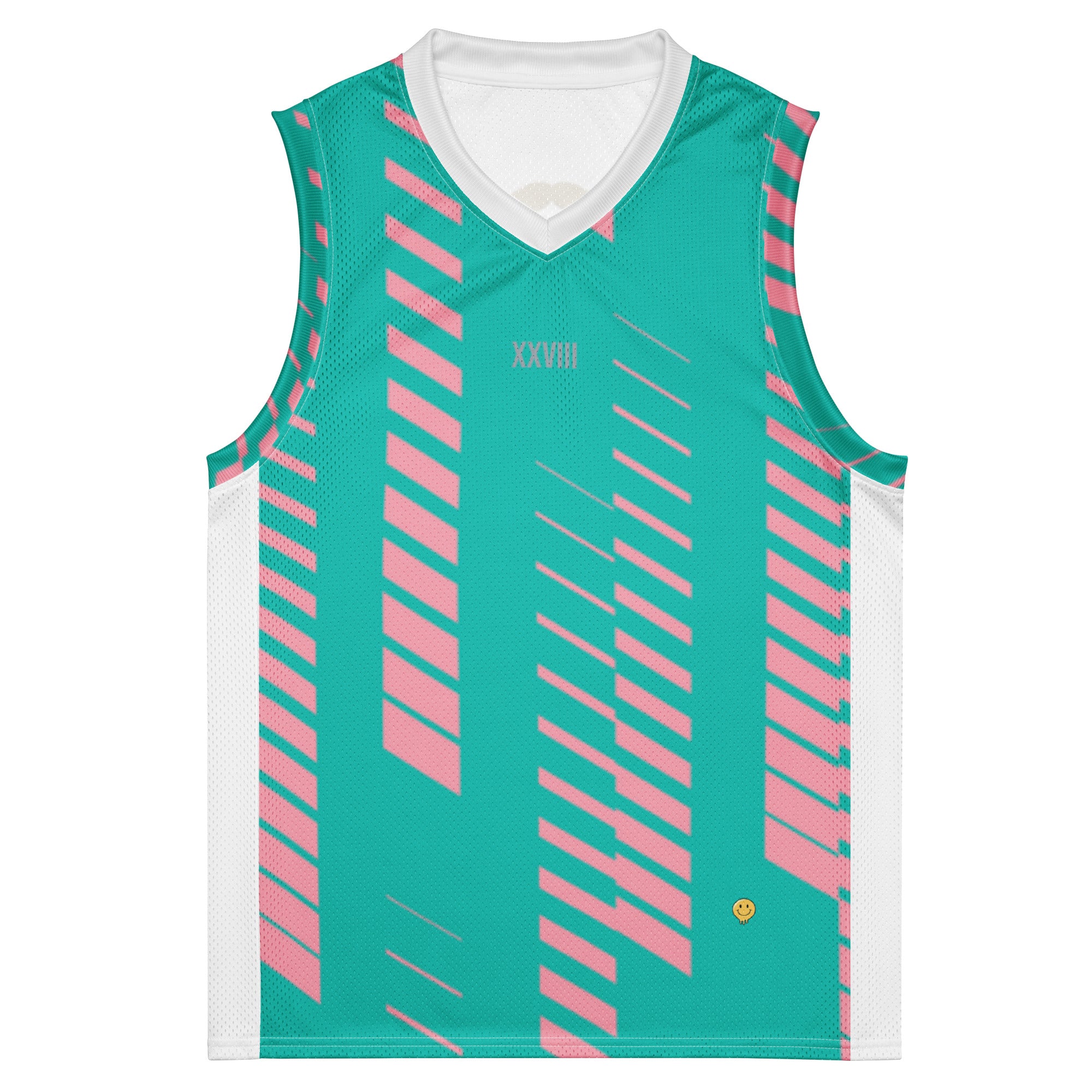 Teal and pink sports jersey on a white background