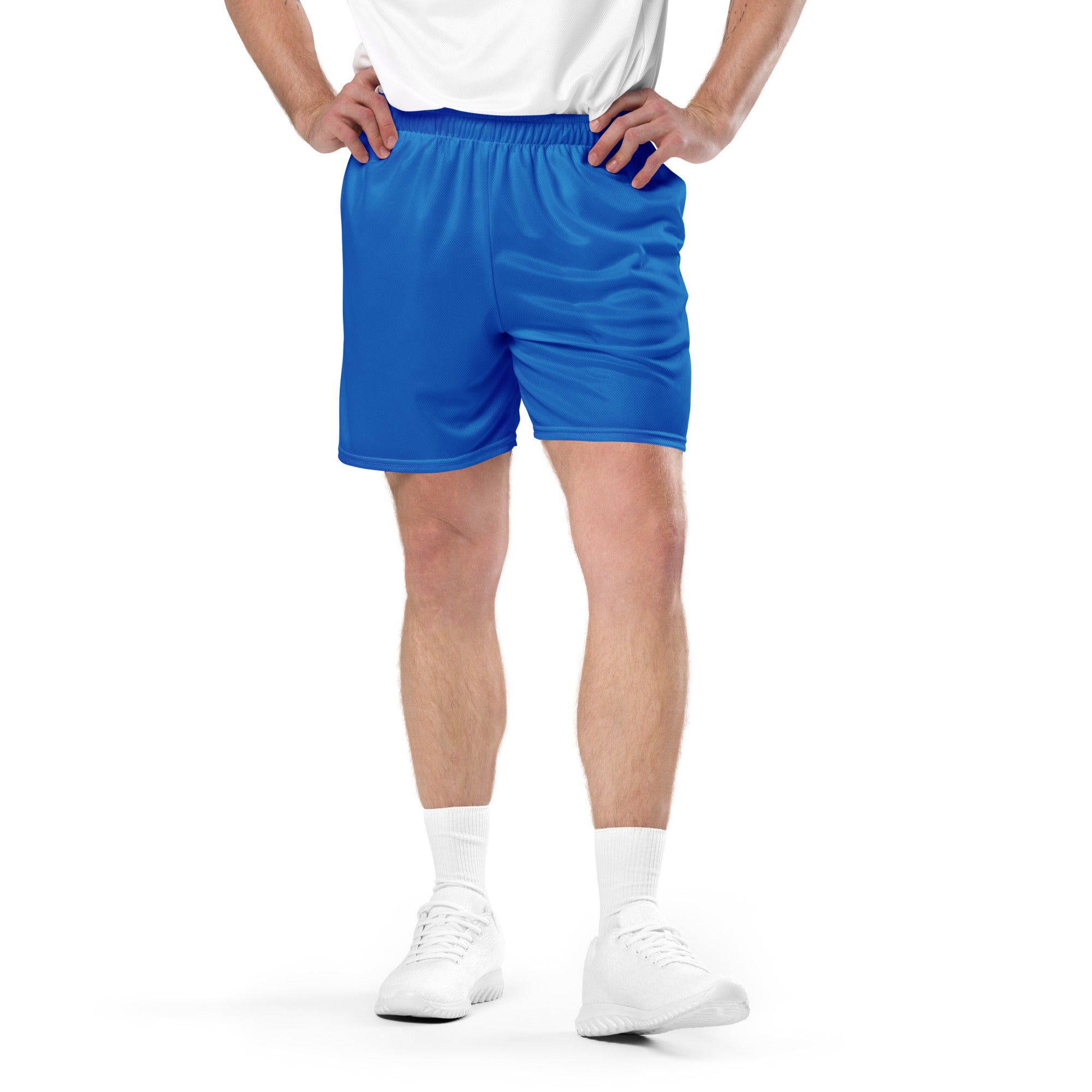 Person wearing blue shorts on a white background
