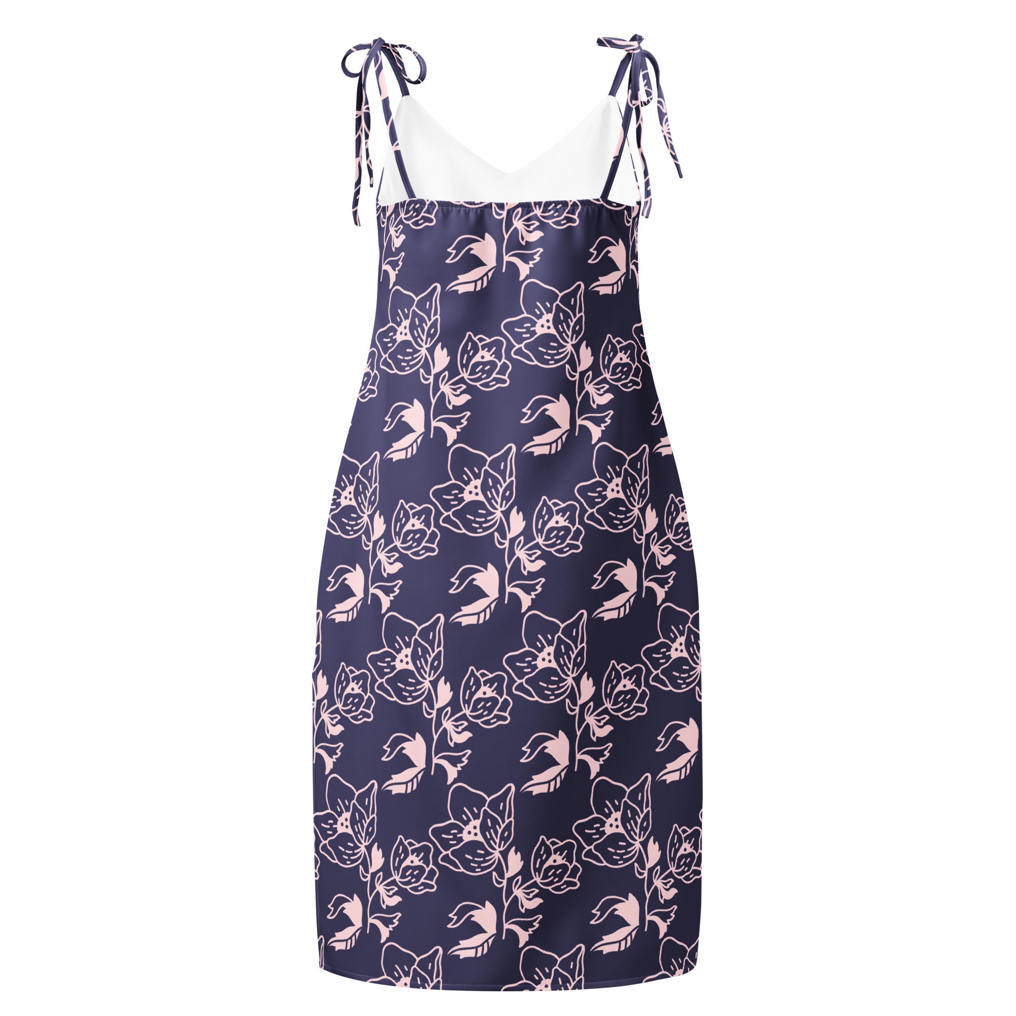 Navy blue dress with pink floral pattern on a white background