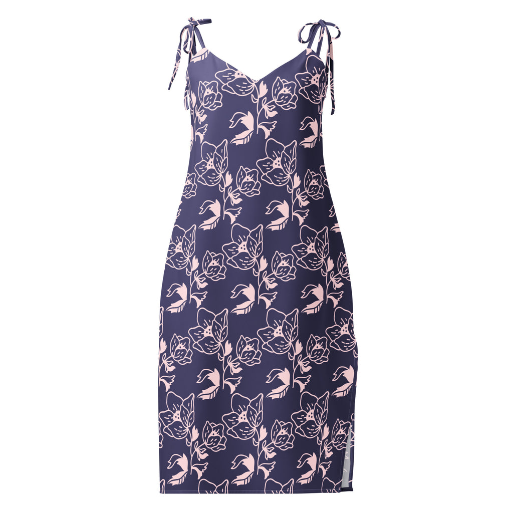 Navy blue dress with pink floral pattern on a white background