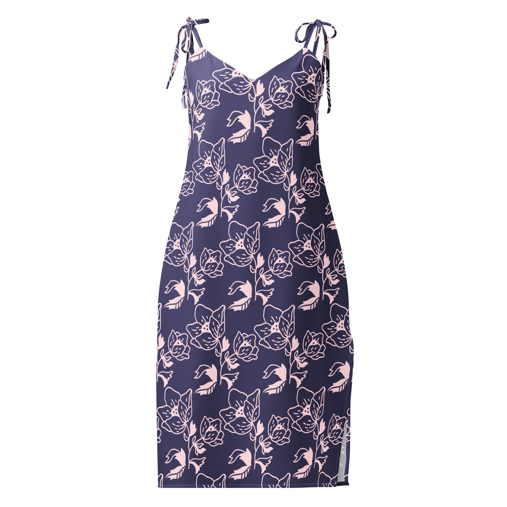 Navy blue dress with pink floral pattern on a white background
