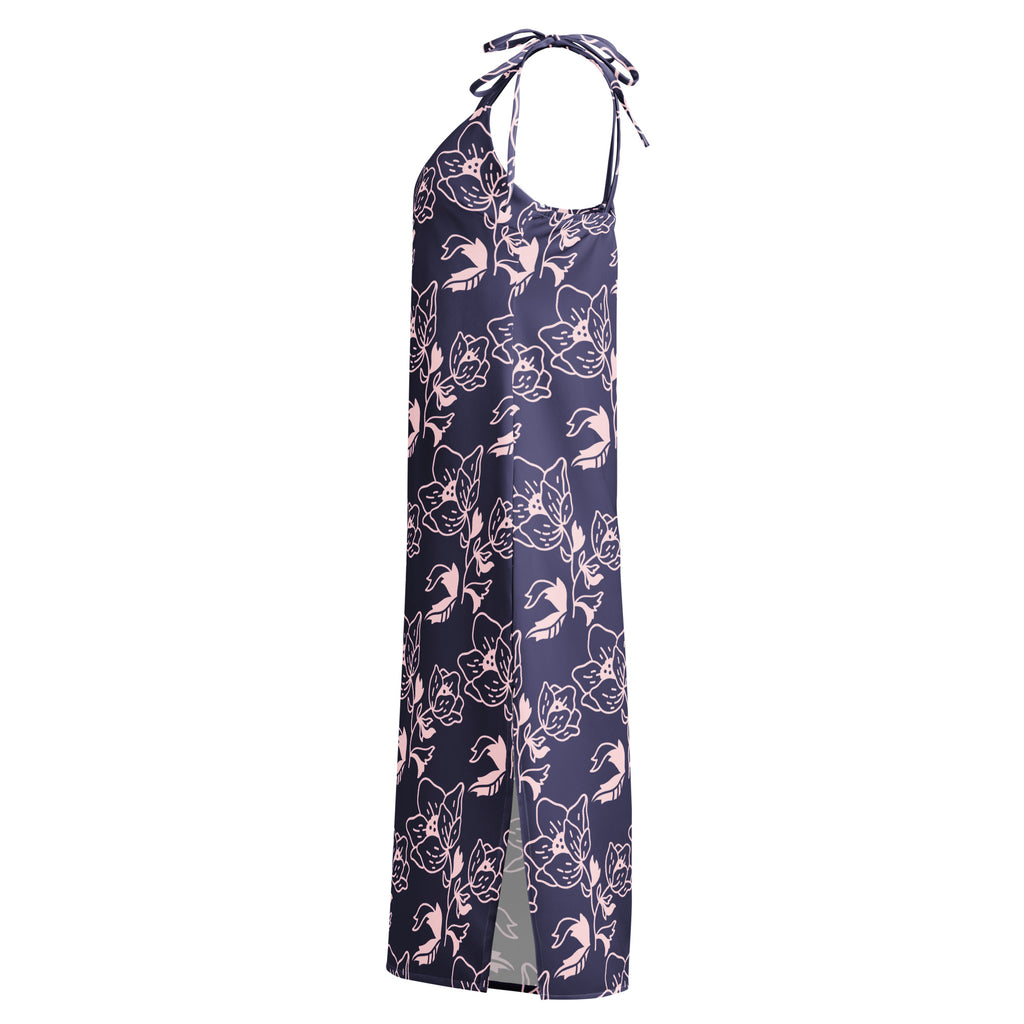 Navy blue halter neck dress with pink floral pattern on a white background