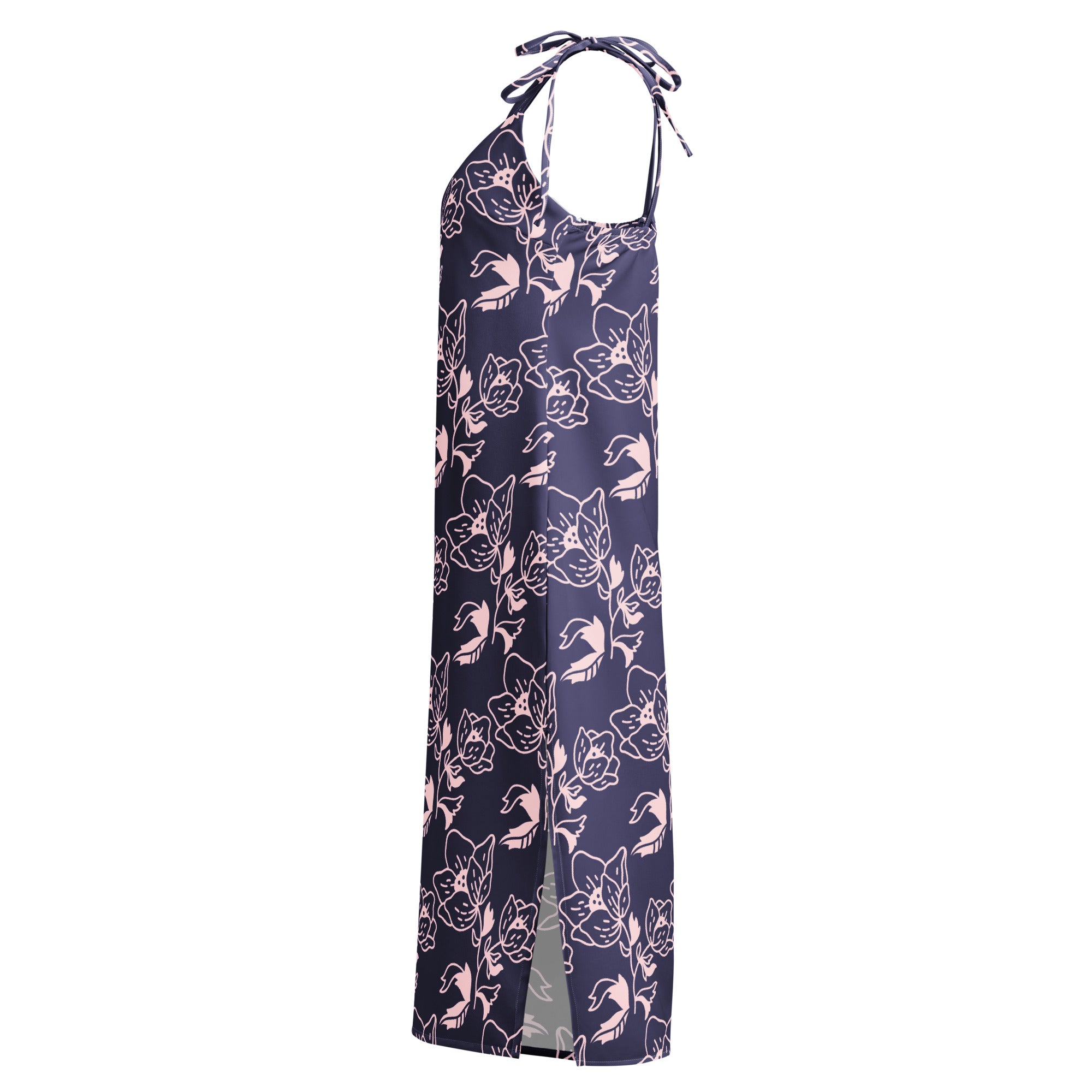 Navy blue halter neck dress with pink floral pattern on a white background