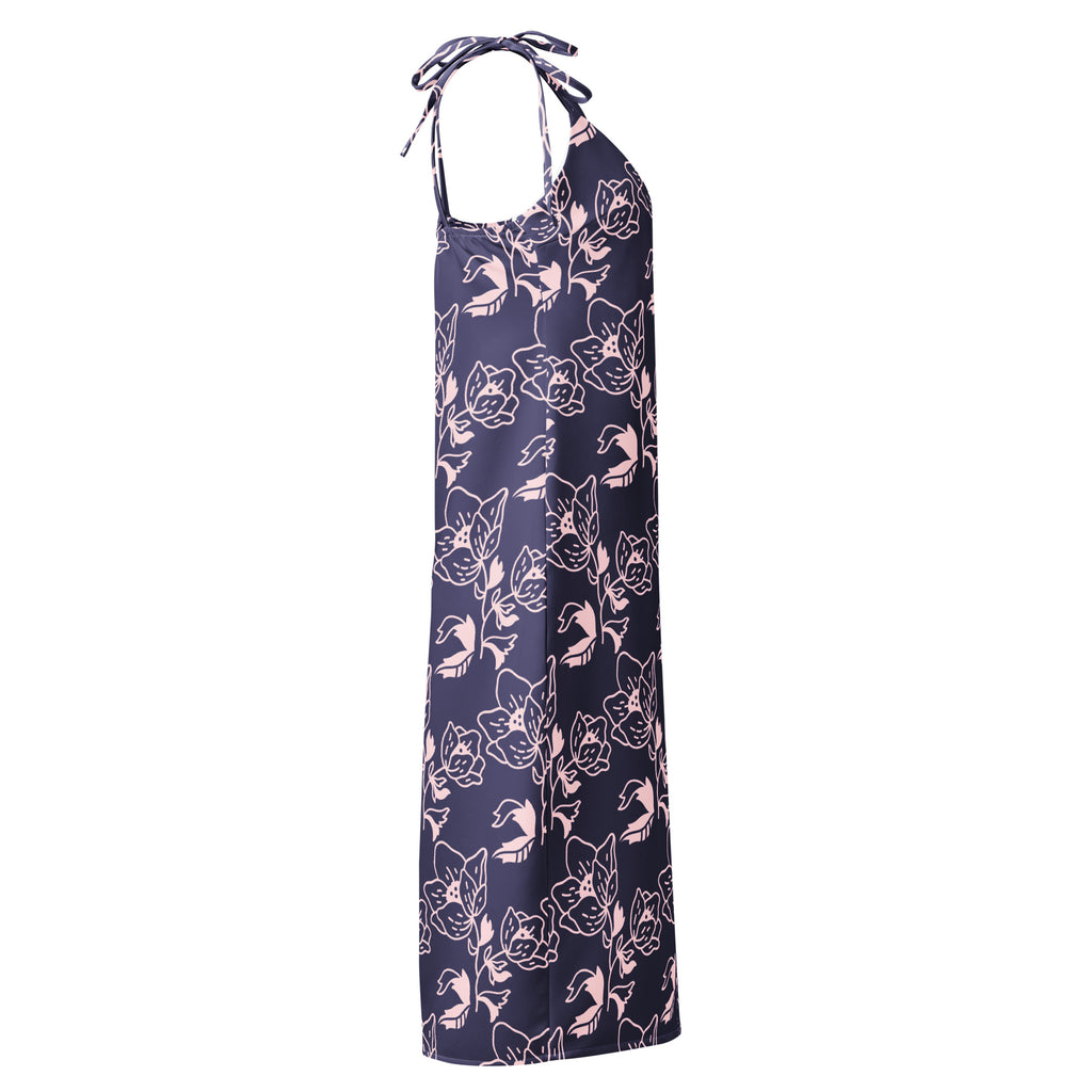 Navy blue halter neck dress with floral pattern on a white background