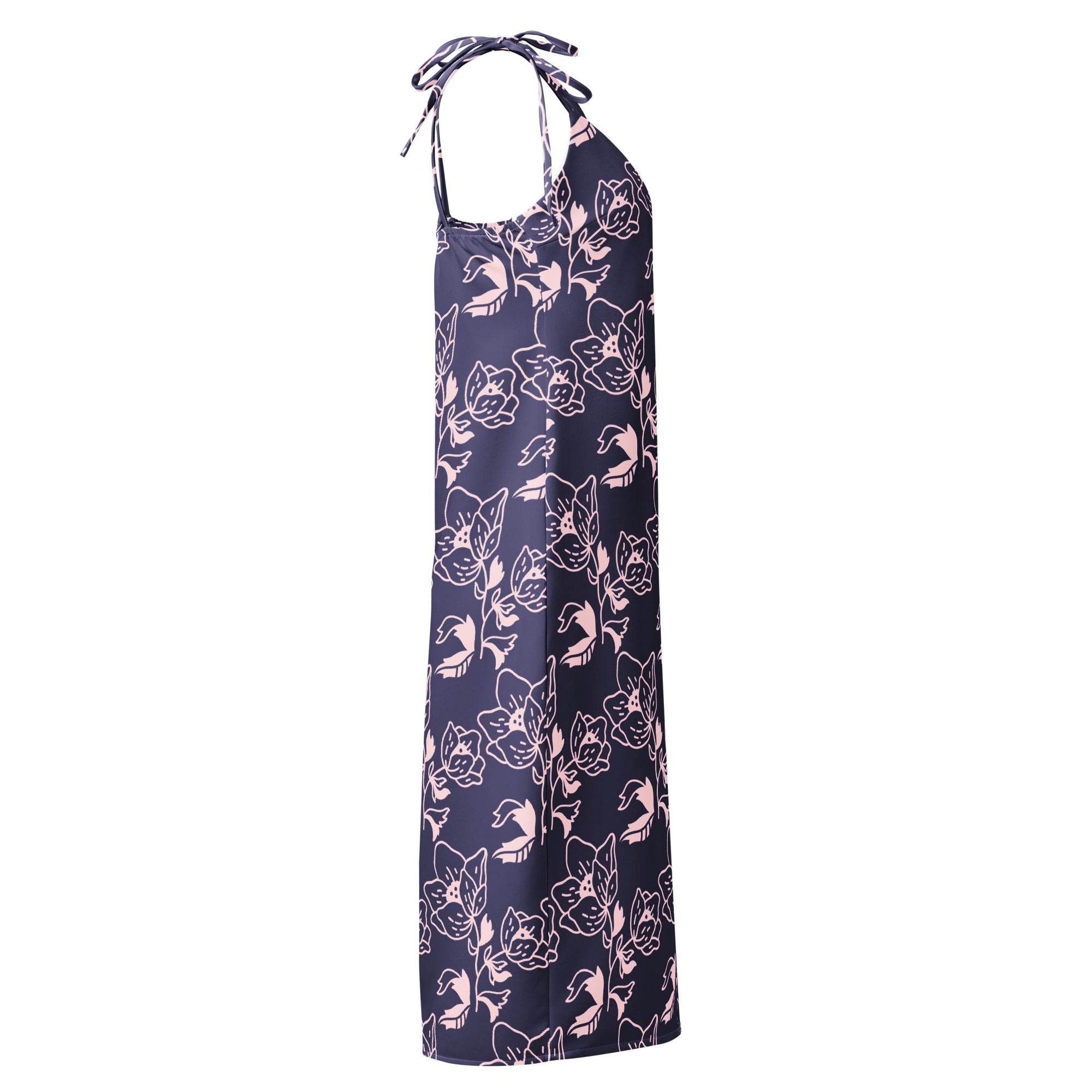 Navy blue halter neck dress with floral pattern on a white background