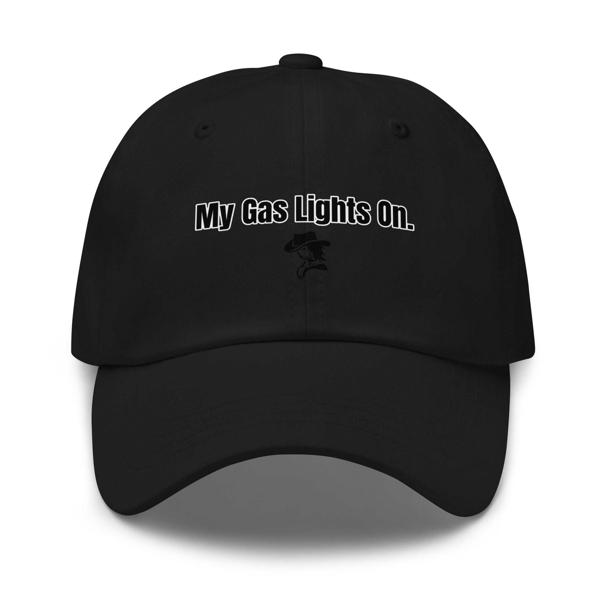 Black cap with 'My Gas Lights On.' text on a white background