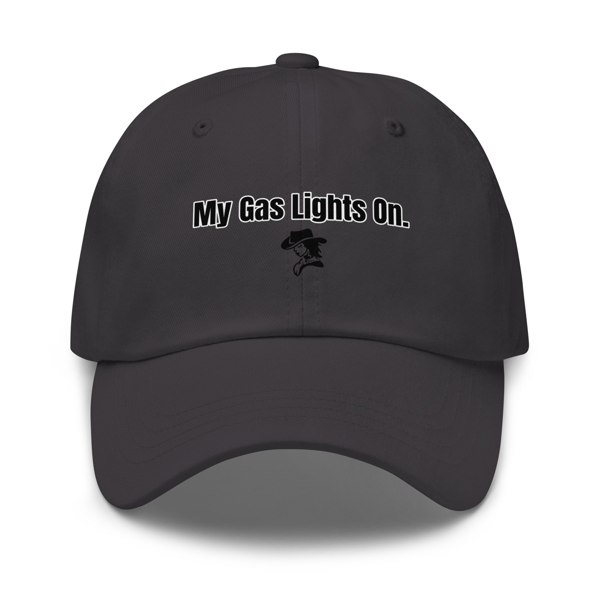 Black cap with 'My Gas Lights On.' text on a white background