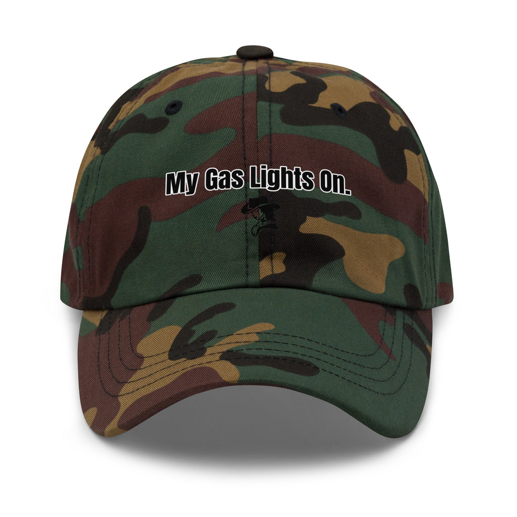 Camouflage baseball cap with text 'My Gas Lights On.' on a white background
