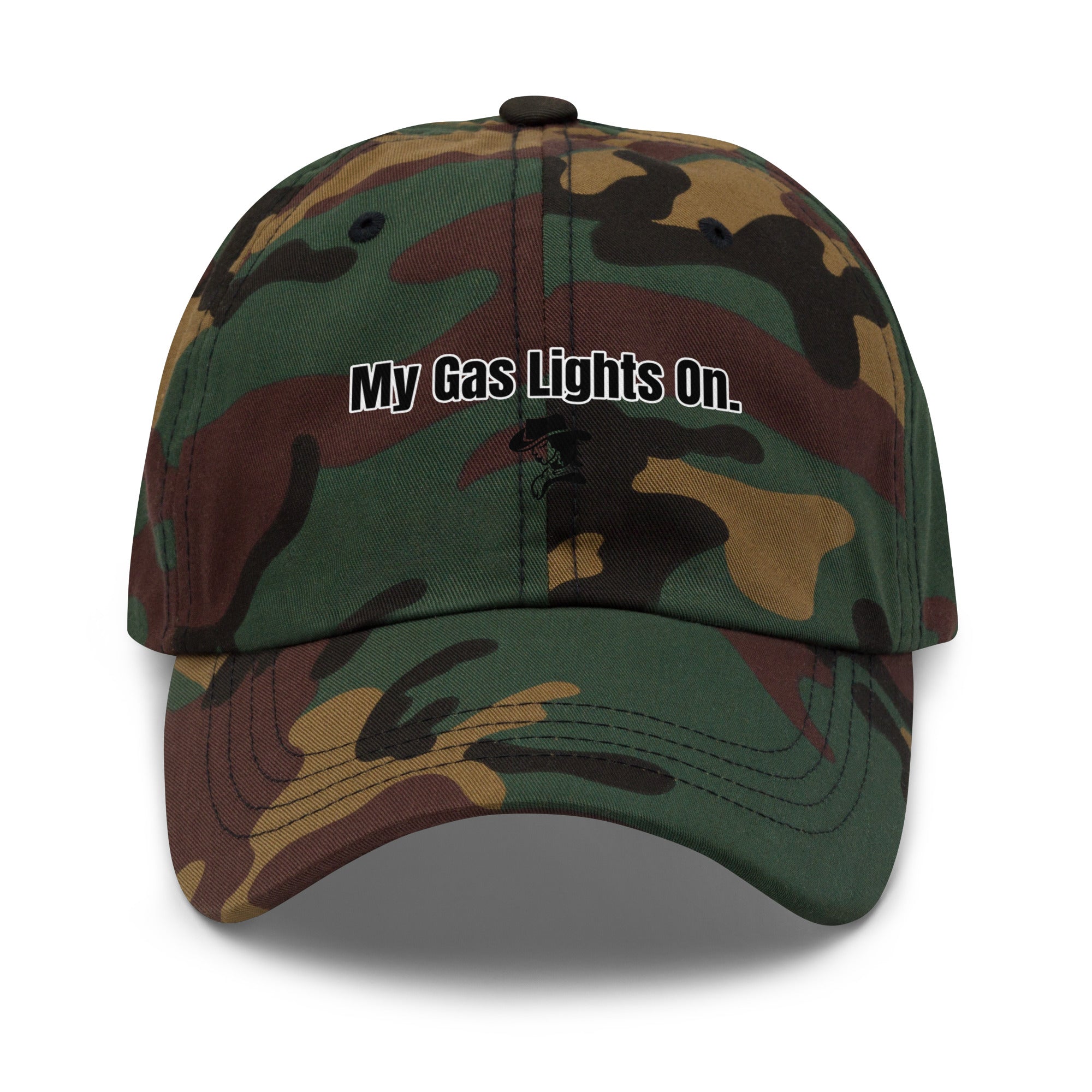 Camouflage baseball cap with text 'My Gas Lights On.' on a white background