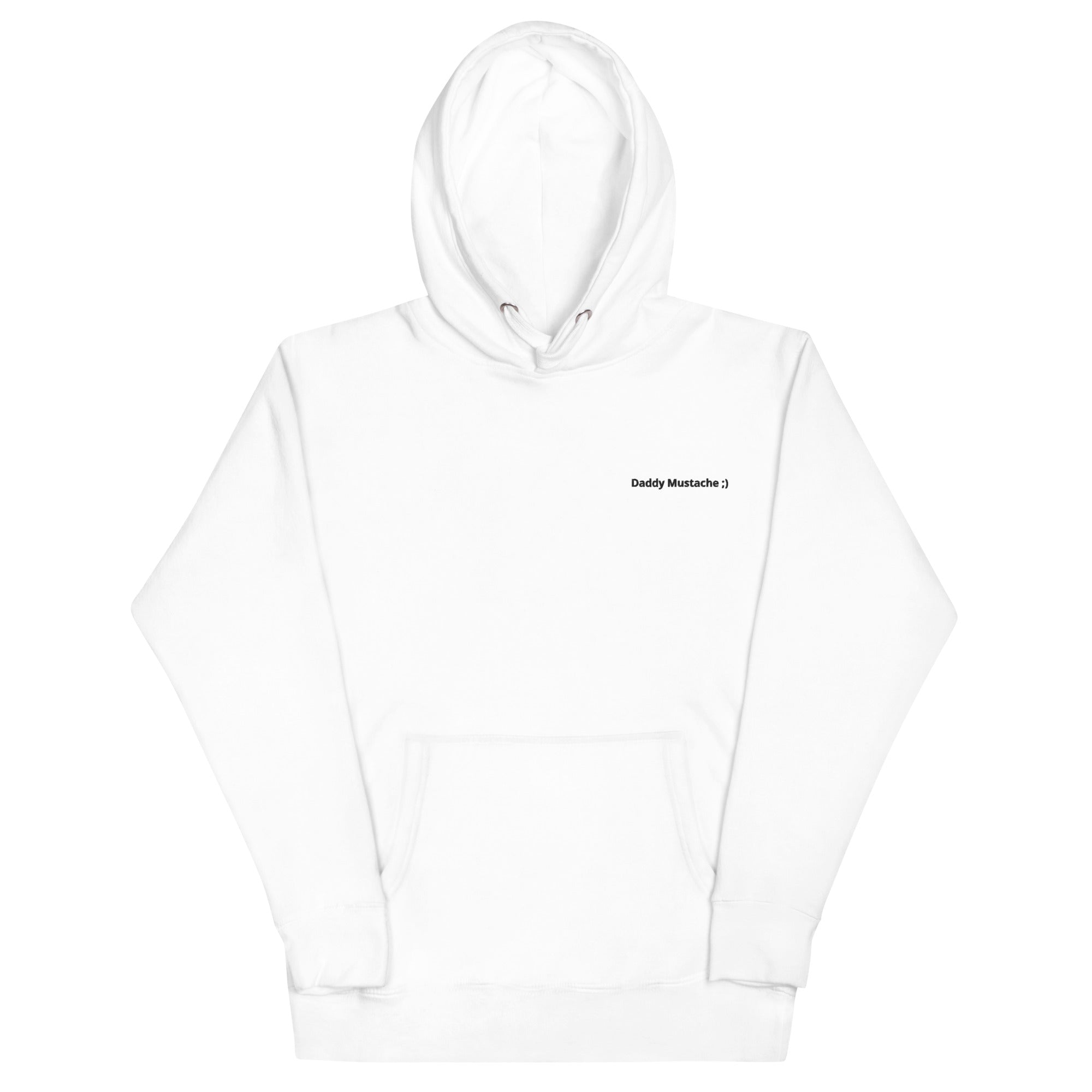 White hoodie with text on the chest against a white background