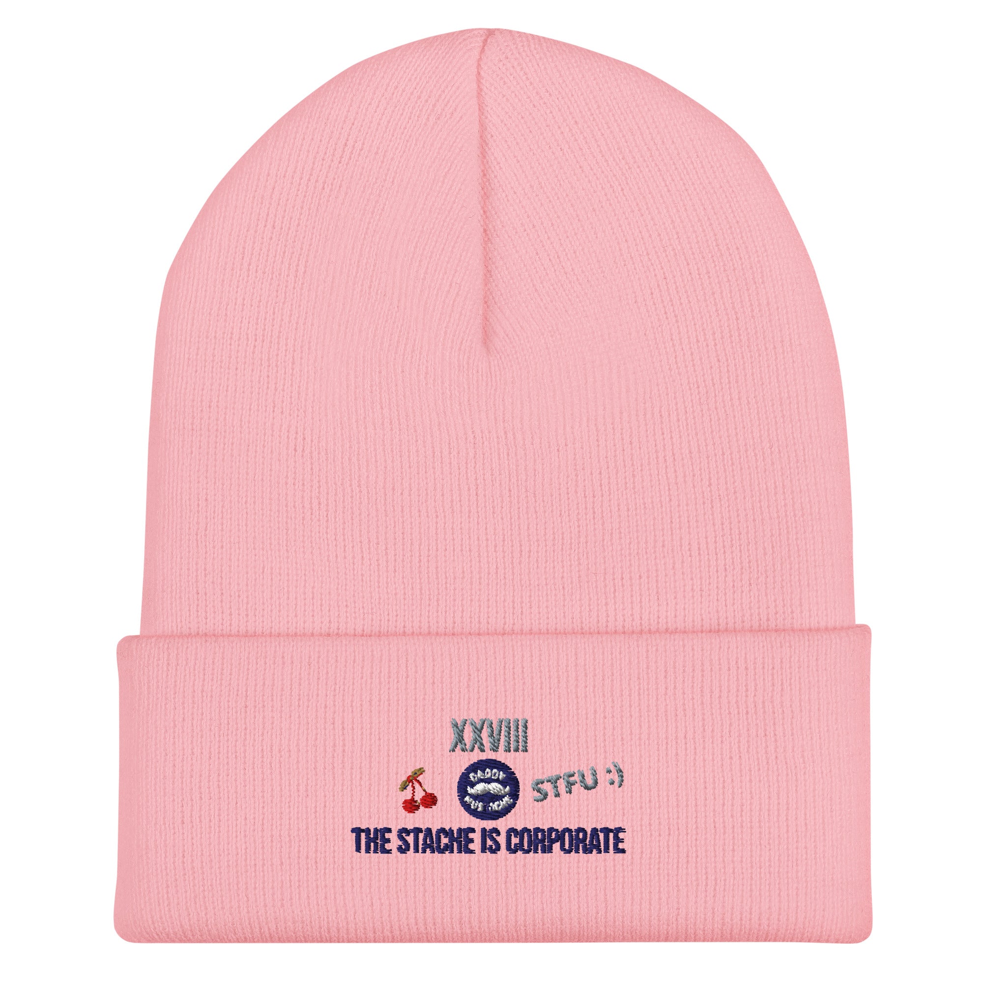 Pink beanie with embroidered text and graphics on a white background