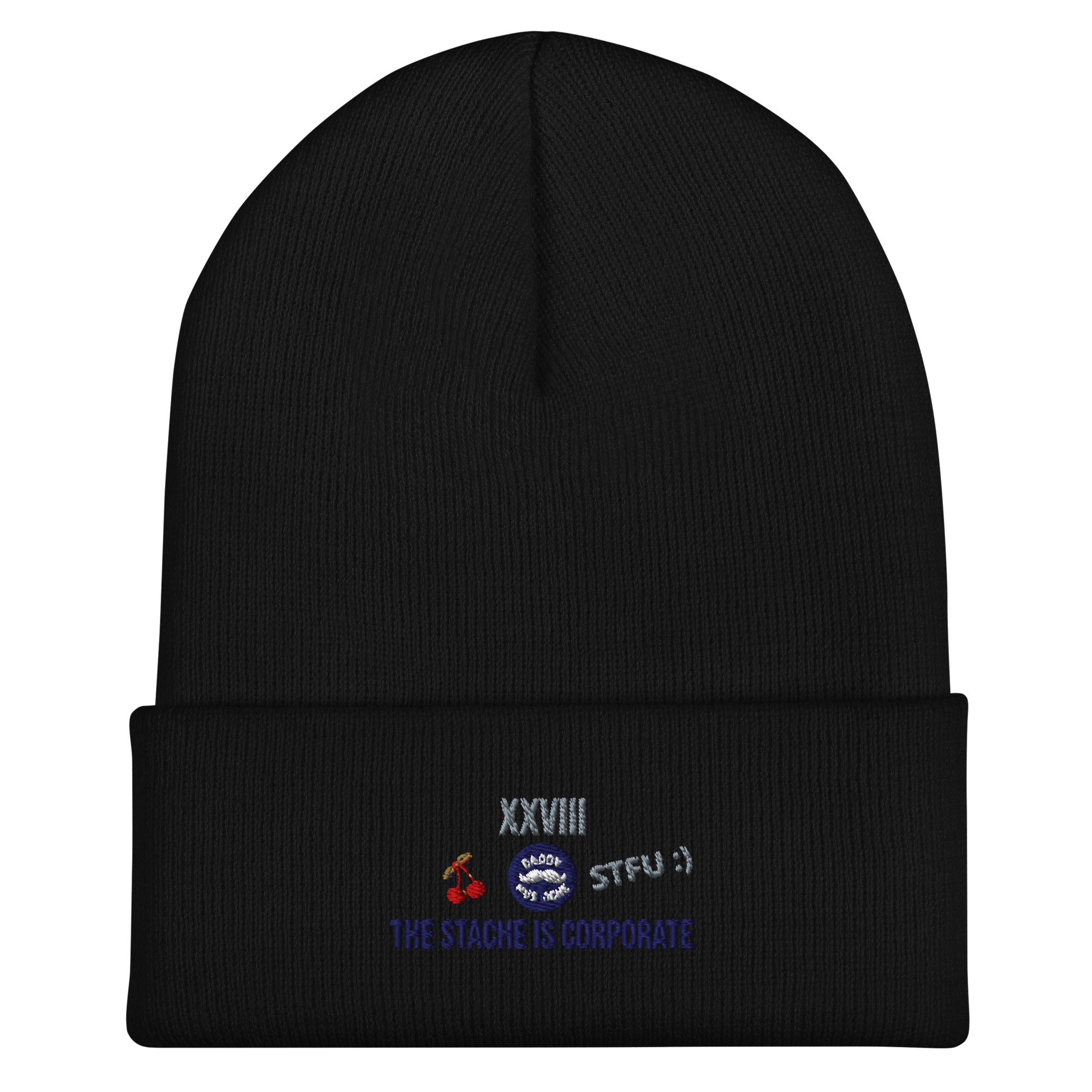 Black beanie with embroidered text and graphics on a white background