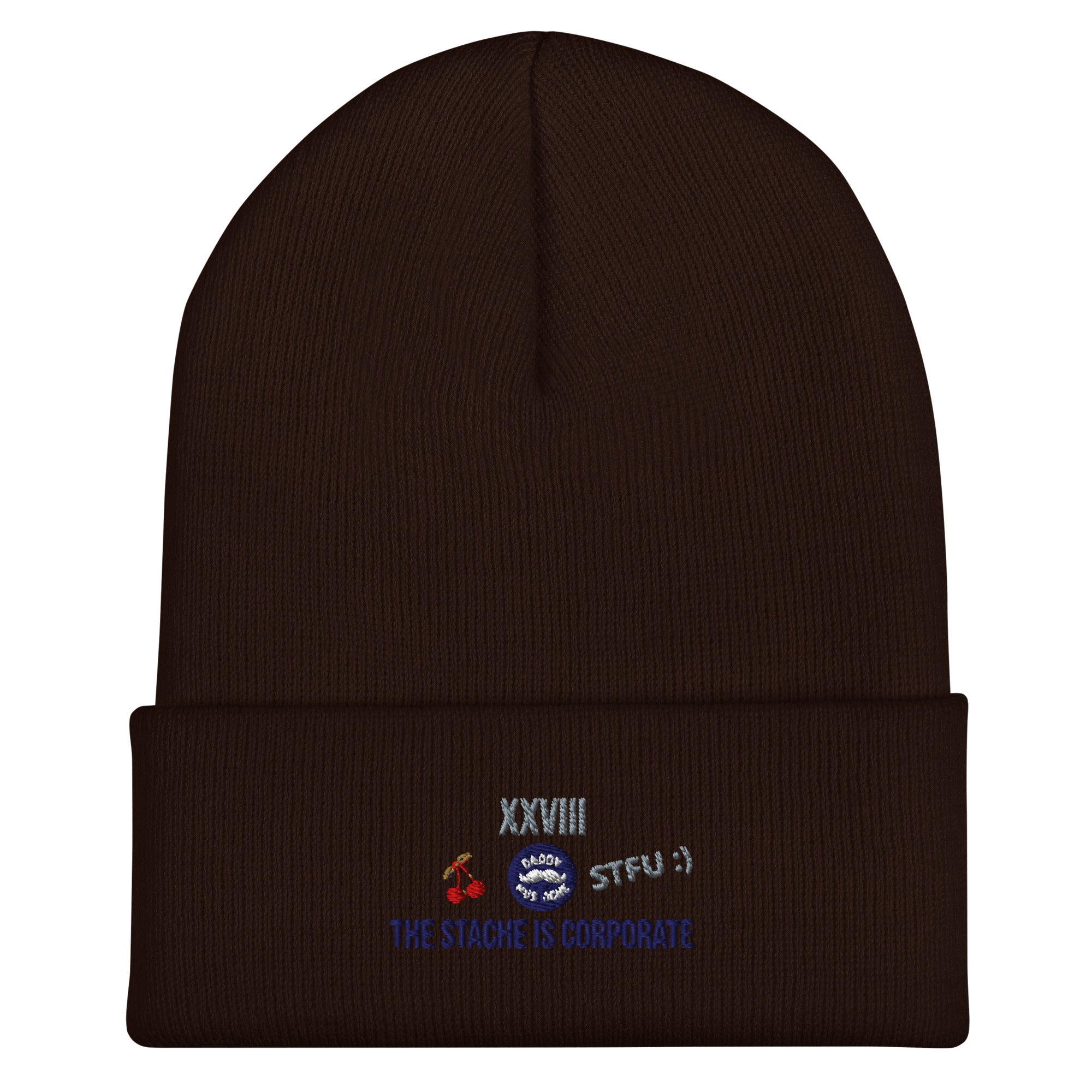 Brown beanie with embroidered text and graphics on a white background