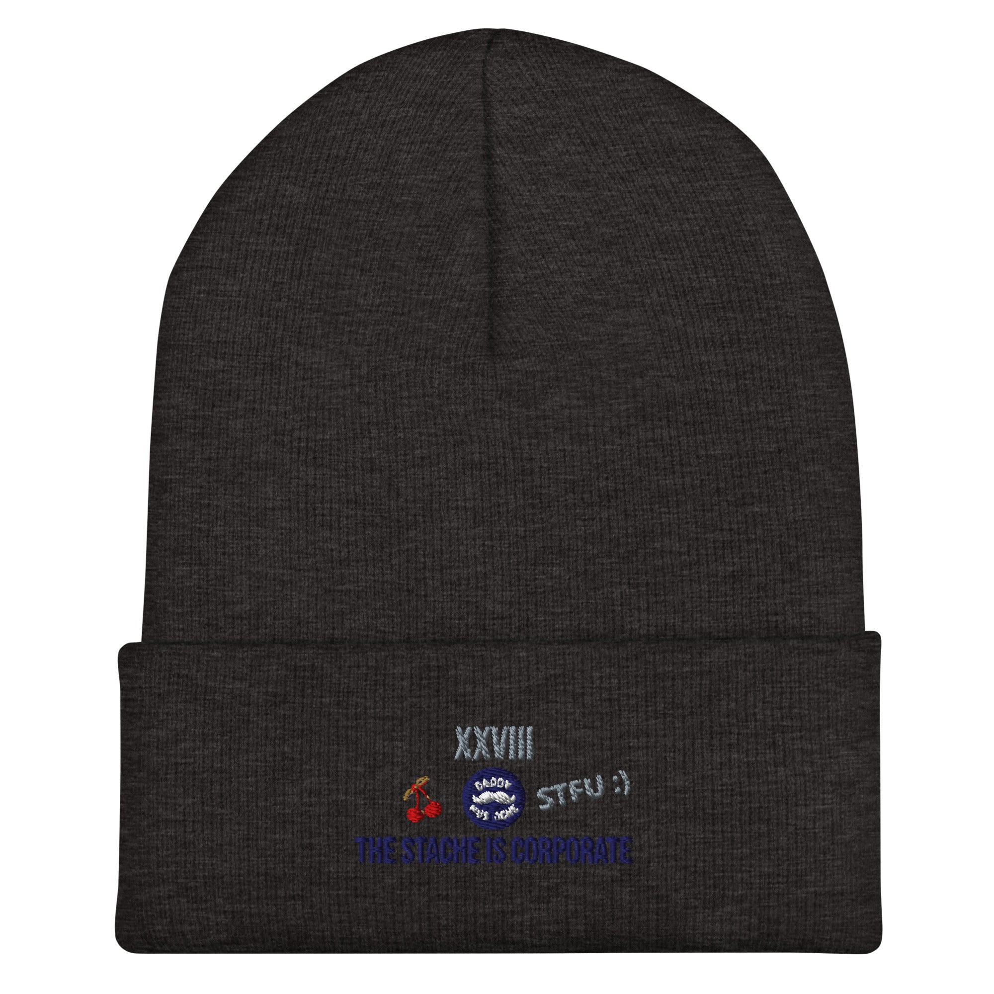 Dark gray beanie with embroidered text and symbols on a white background