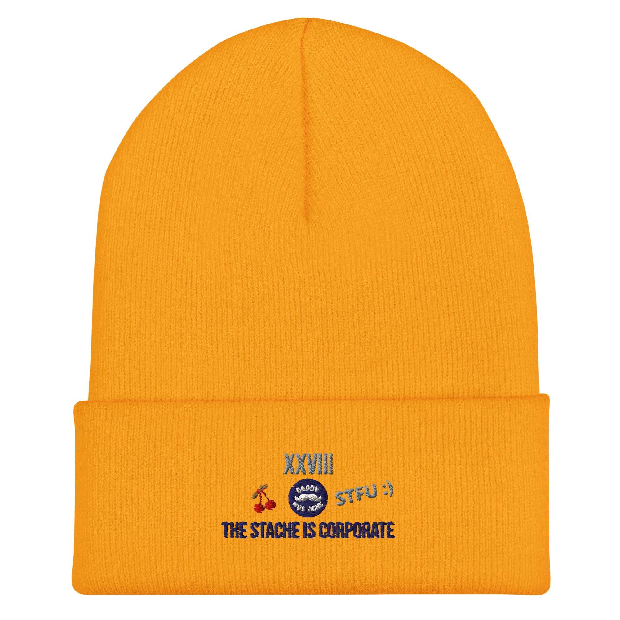 Orange beanie with embroidered text and graphics on a white background