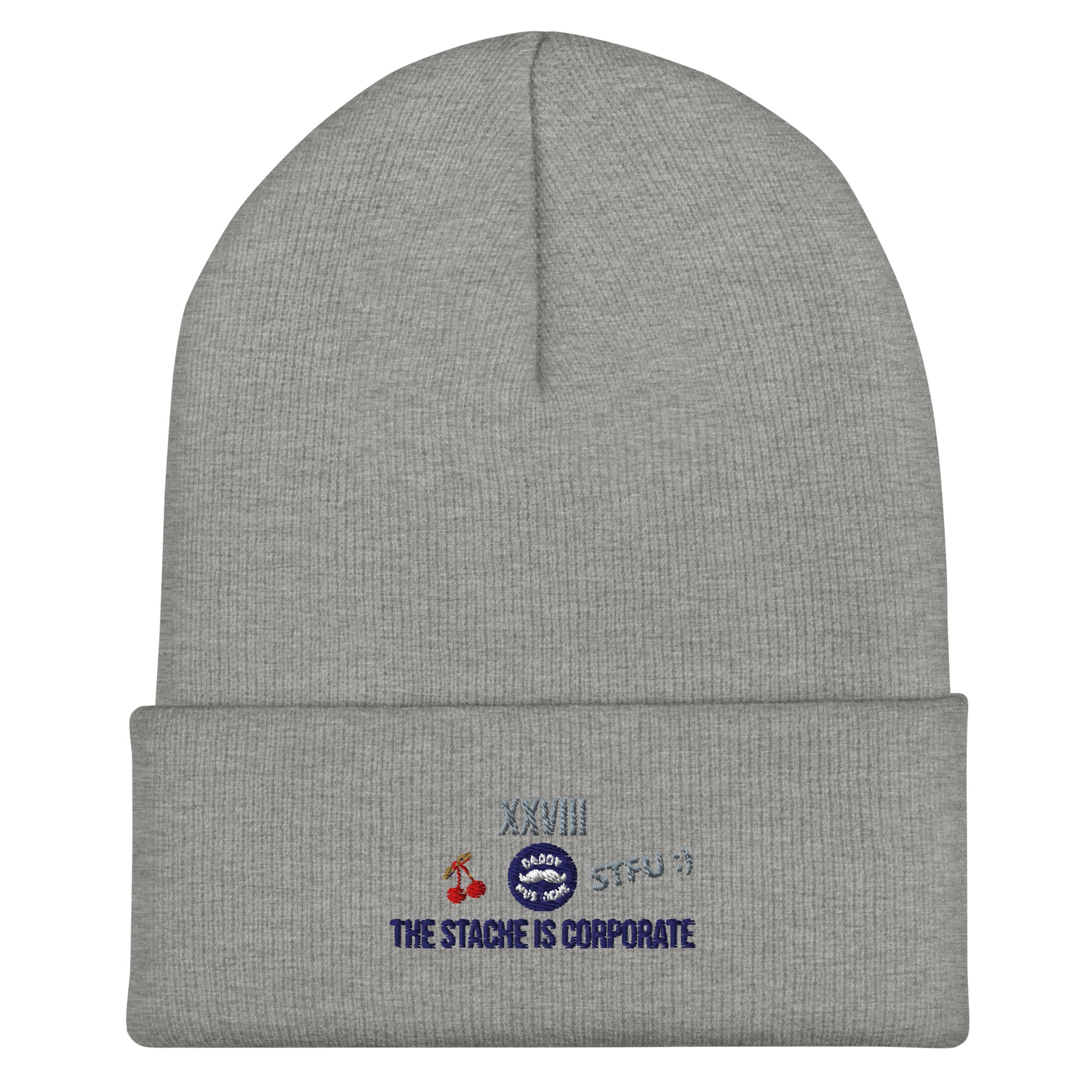 Gray beanie with embroidered text and logos on a white background