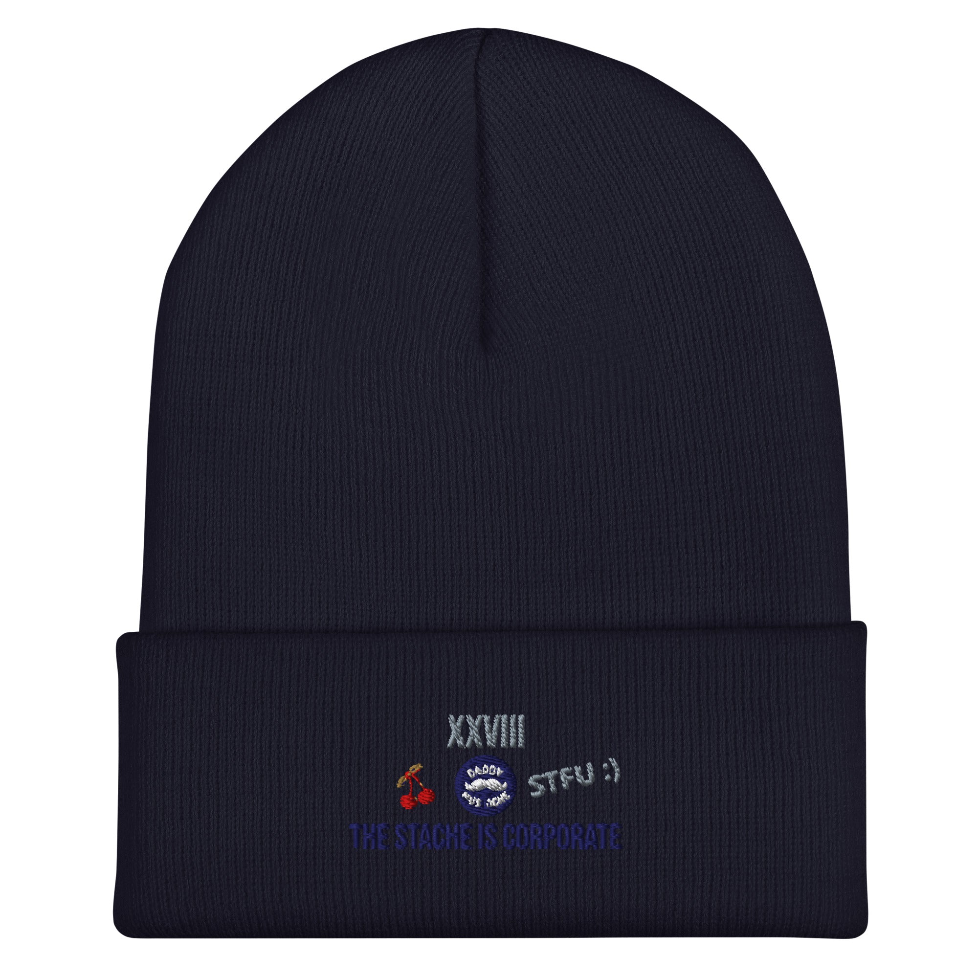 Black beanie with embroidered text and graphics on a white background