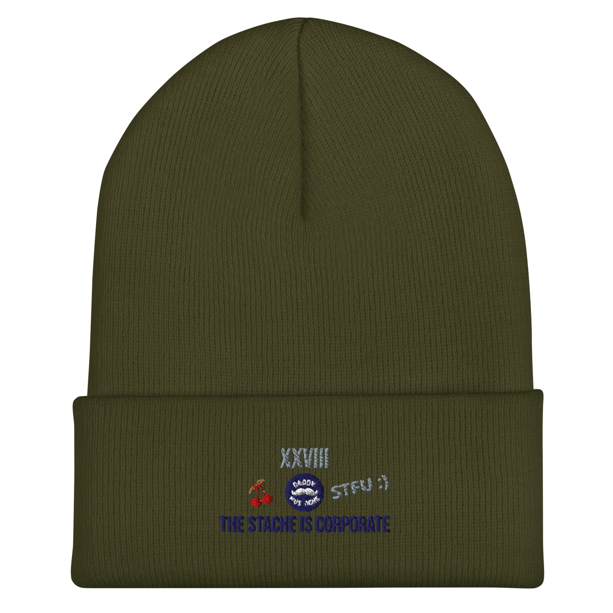 Green beanie with embroidered text and designs on a white background