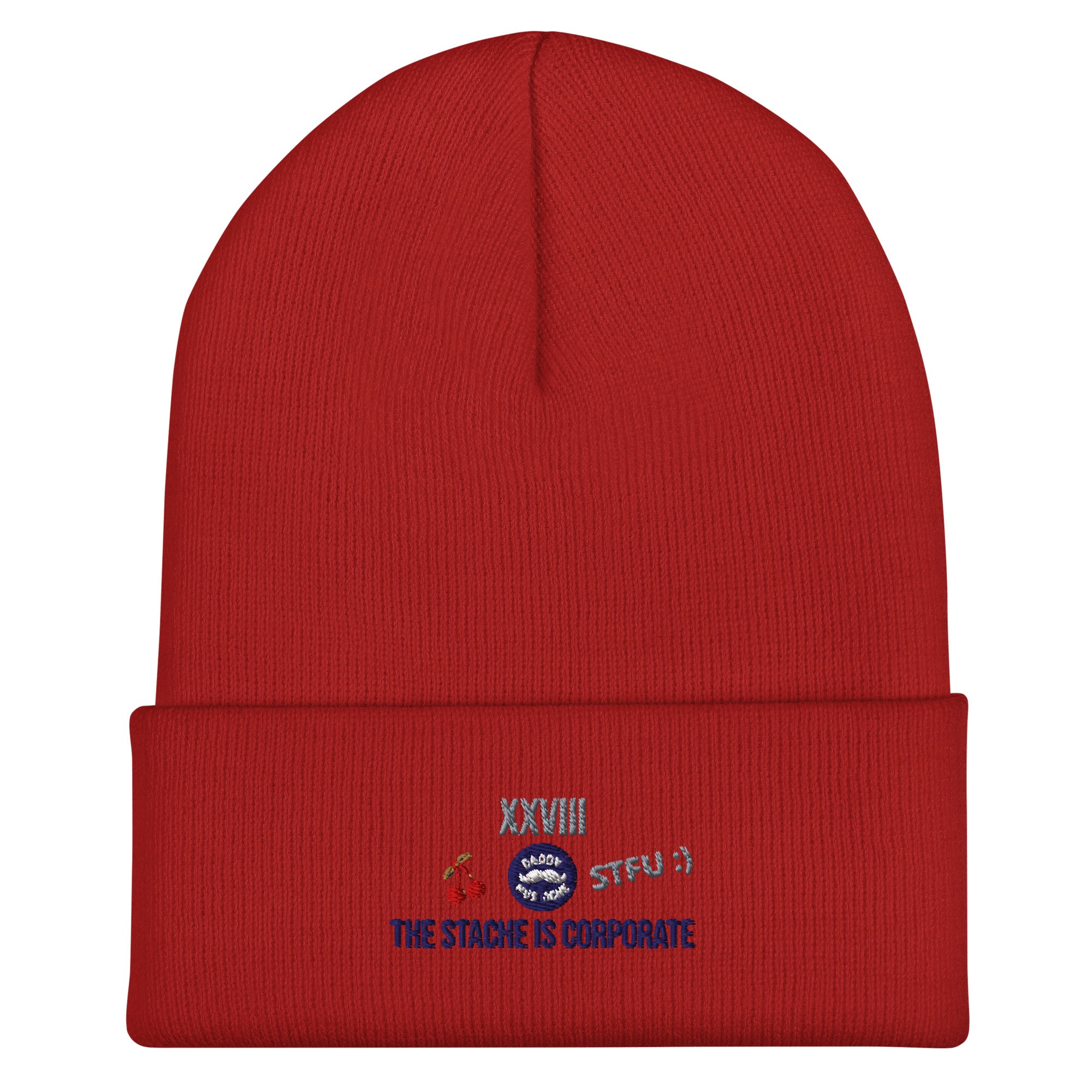 Red beanie with embroidered text and design on a white background