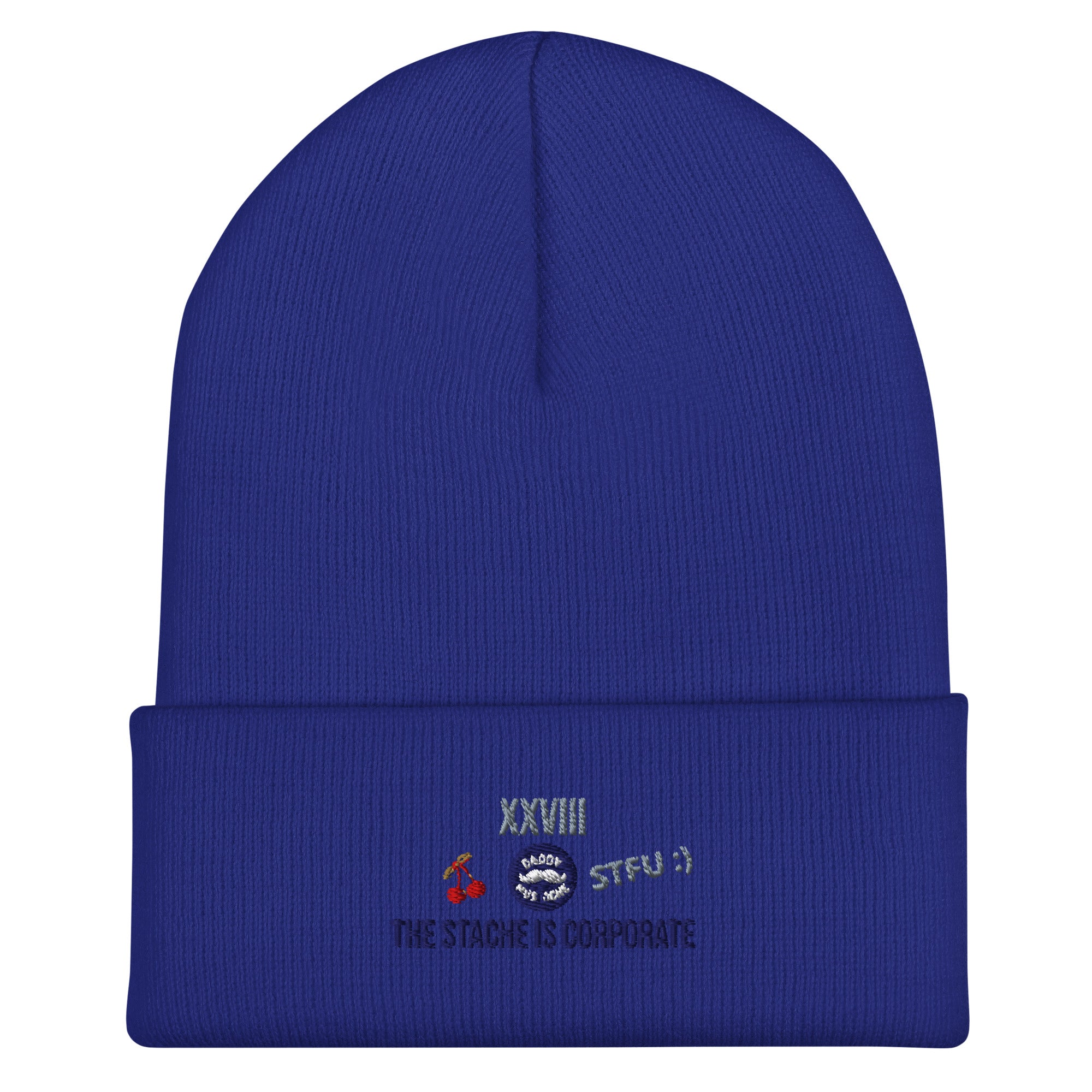 Blue beanie with embroidered text and graphics on a white background