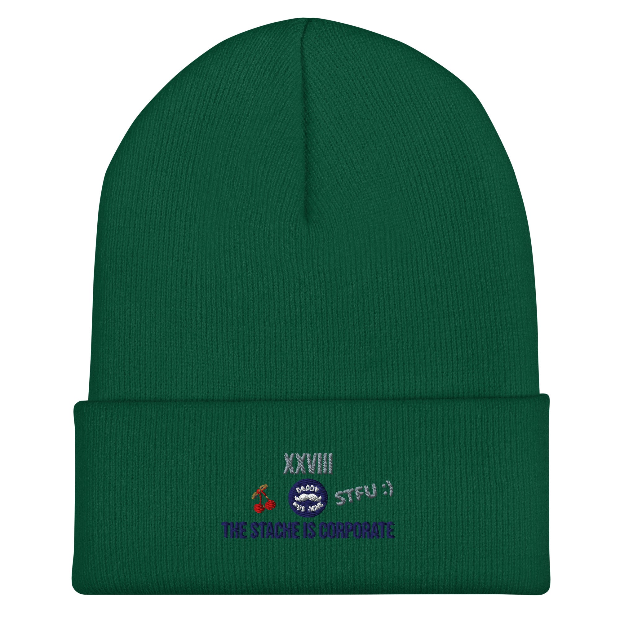 Green beanie with embroidered text and graphics on a white background