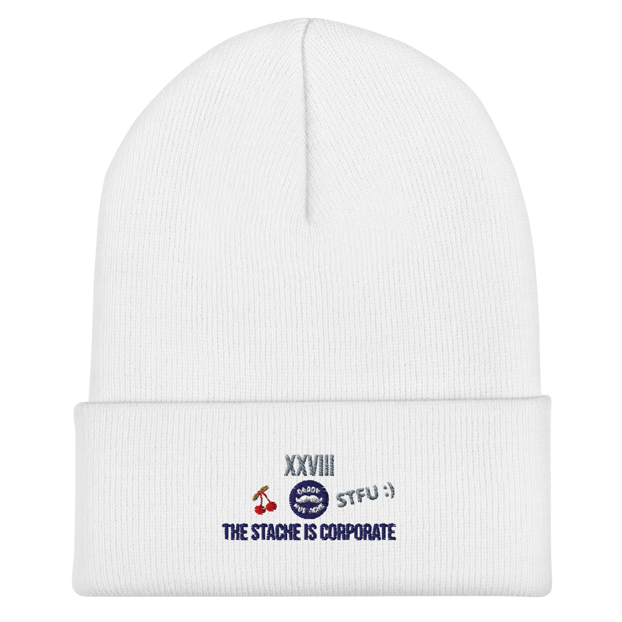 White beanie with embroidered text and designs on a white background