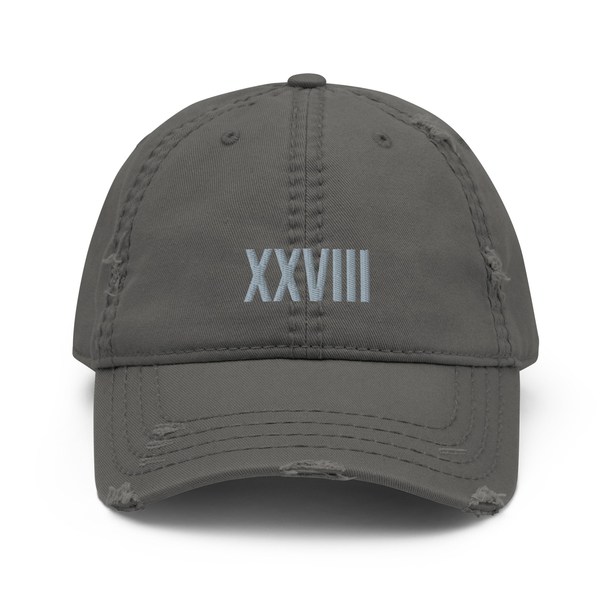 Gray cap with 'XXVIII' embroidered on a white background