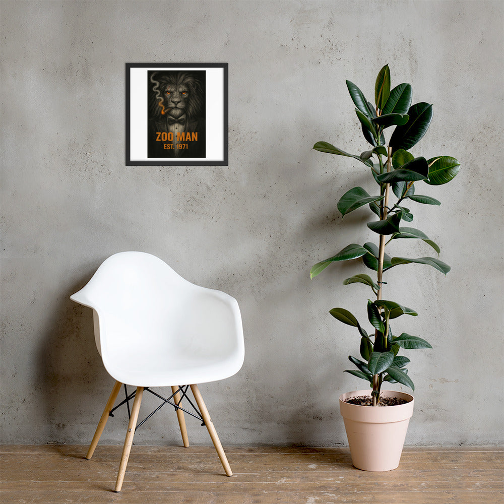 White chair and potted plant against a gray wall with framed artwork by Chris McGrath and his company Daddy Mustache.