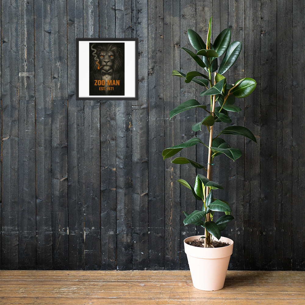 White chair and potted plant against a gray wall with framed artwork by Chris McGrath and his company Daddy Mustache.