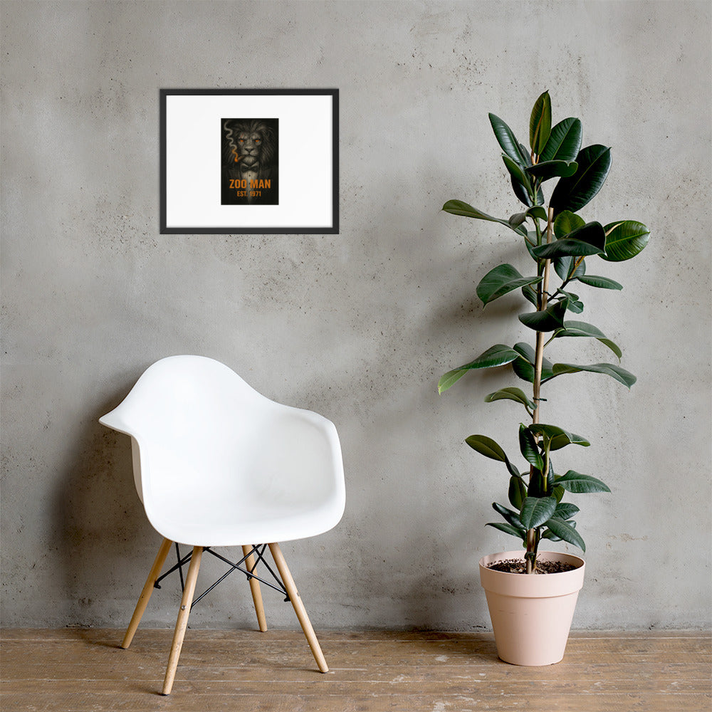 White chair and potted plant against a gray wall with framed artwork by Chris McGrath and his company Daddy Mustache.