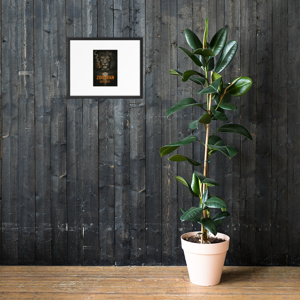 White chair and potted plant against a gray wall with framed artwork by Chris McGrath and his company Daddy Mustache.