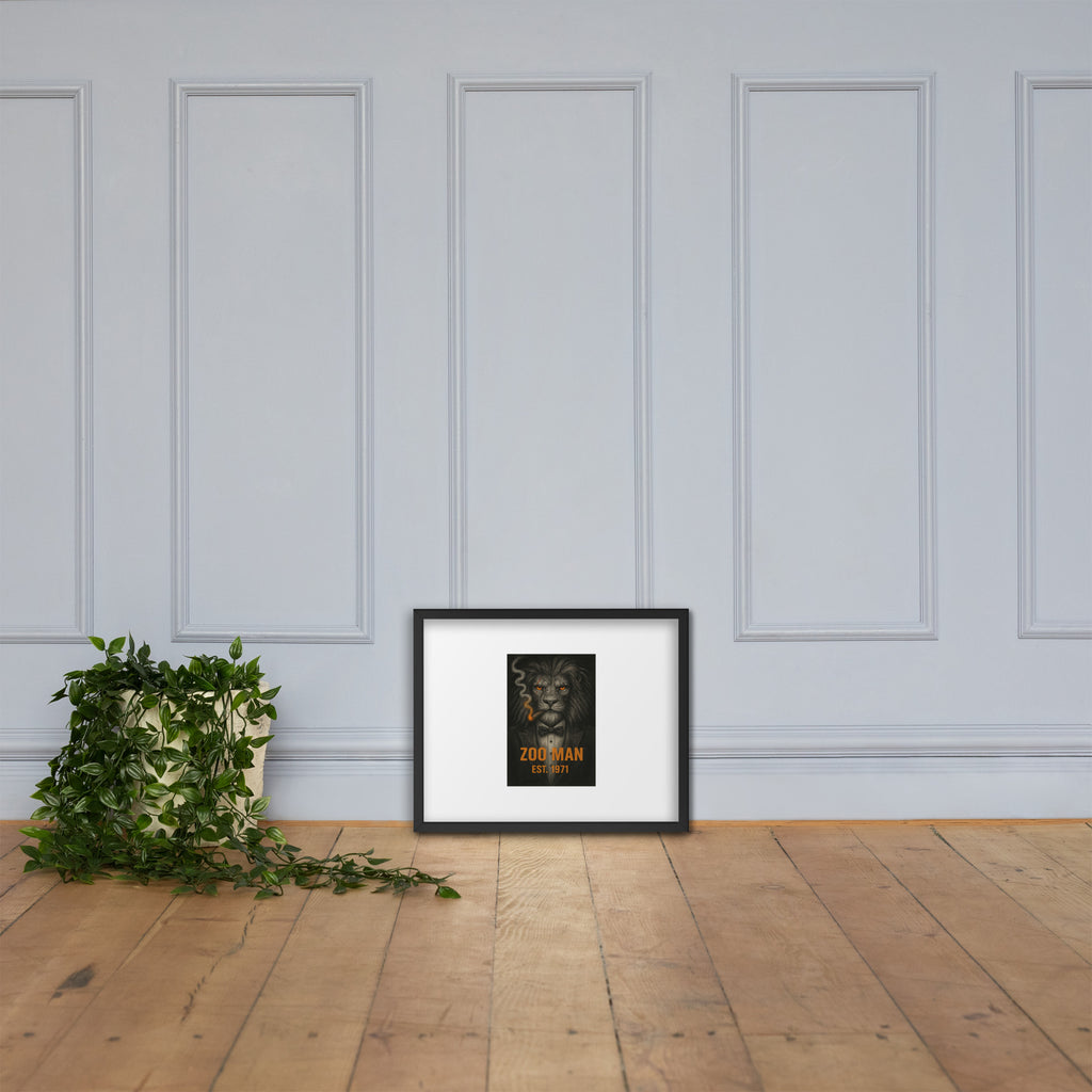 White chair and potted plant against a gray wall with framed artwork by Chris McGrath and his company Daddy Mustache.