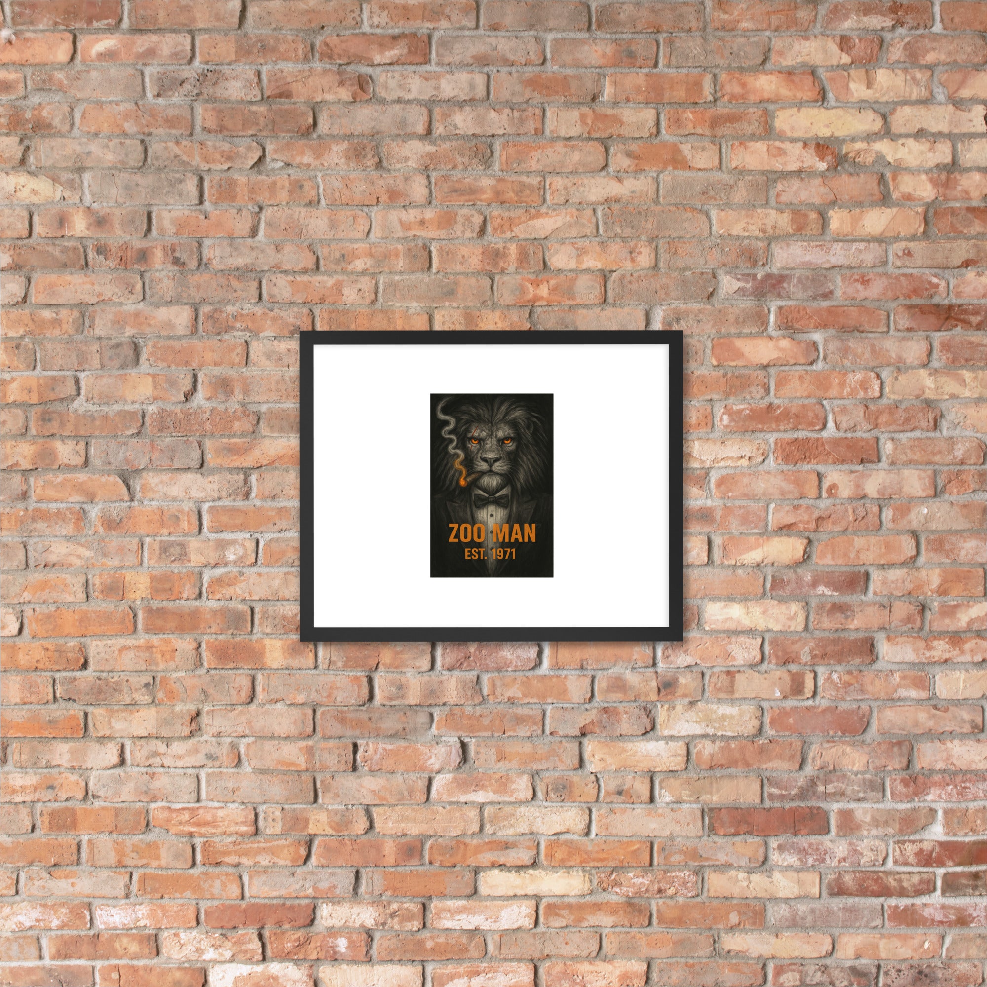 White chair and potted plant against a gray wall with framed artwork by Chris McGrath and his company Daddy Mustache.