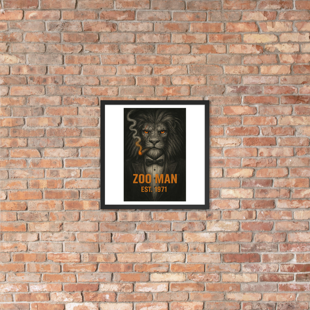 Framed artwork of a lion with 'Zoo Man' text on a brick wall.