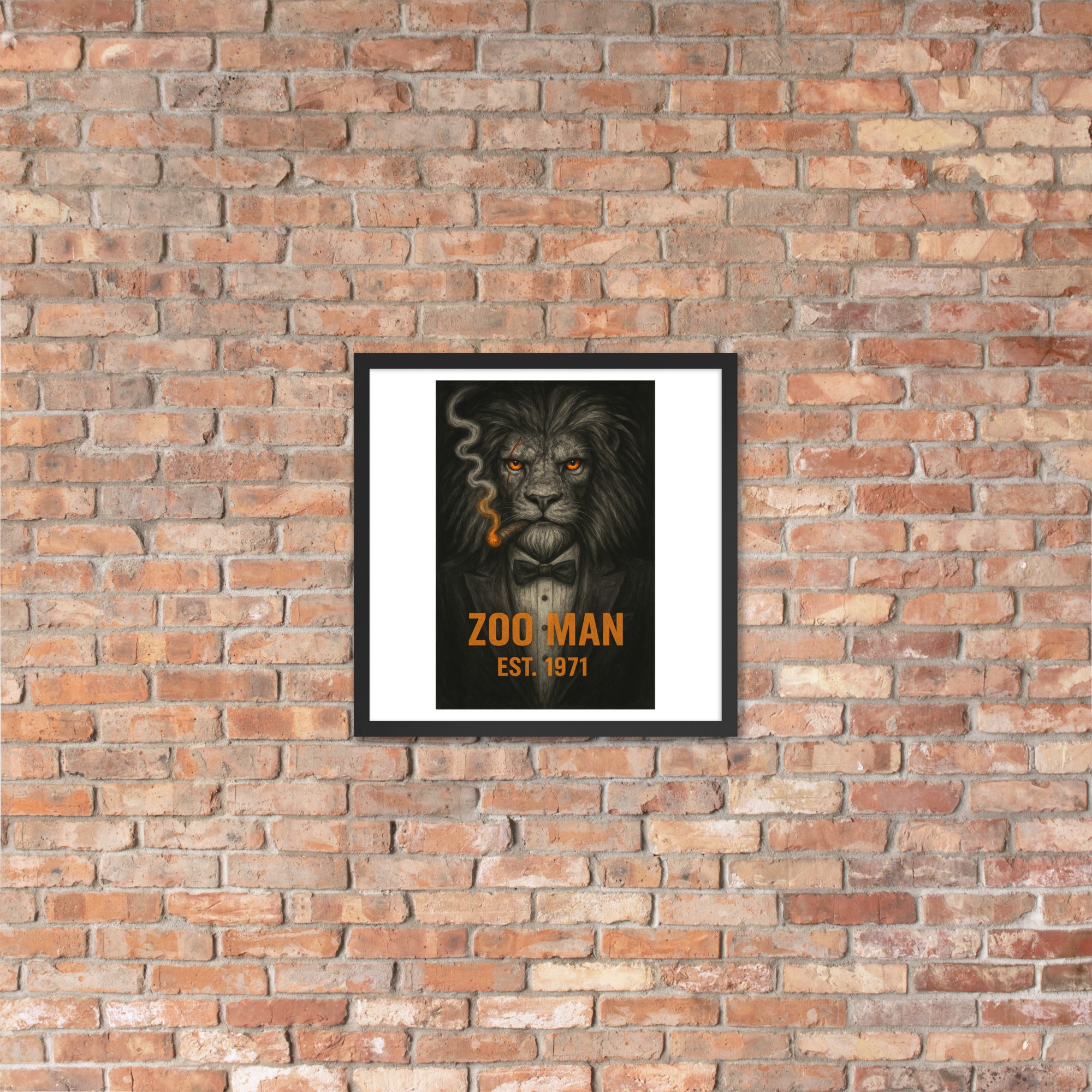 Framed artwork of a lion with 'Zoo Man' text on a brick wall.