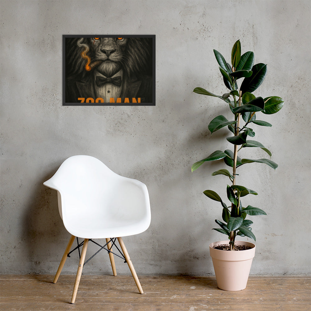White chair and potted plant in front of a wall with framed artwork.