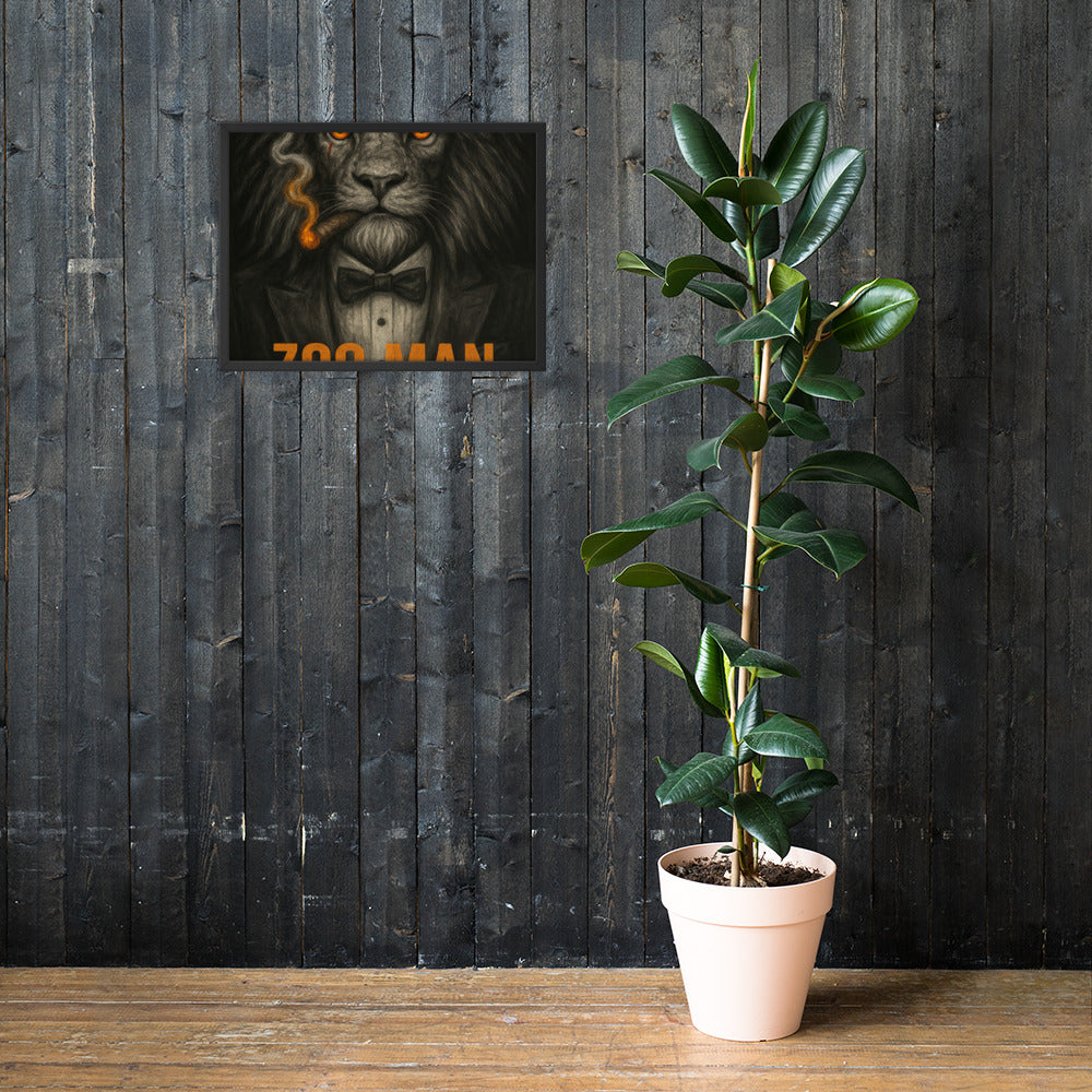 Potted plant on a wooden surface with a framed picture of a lion on a dark wooden wall.